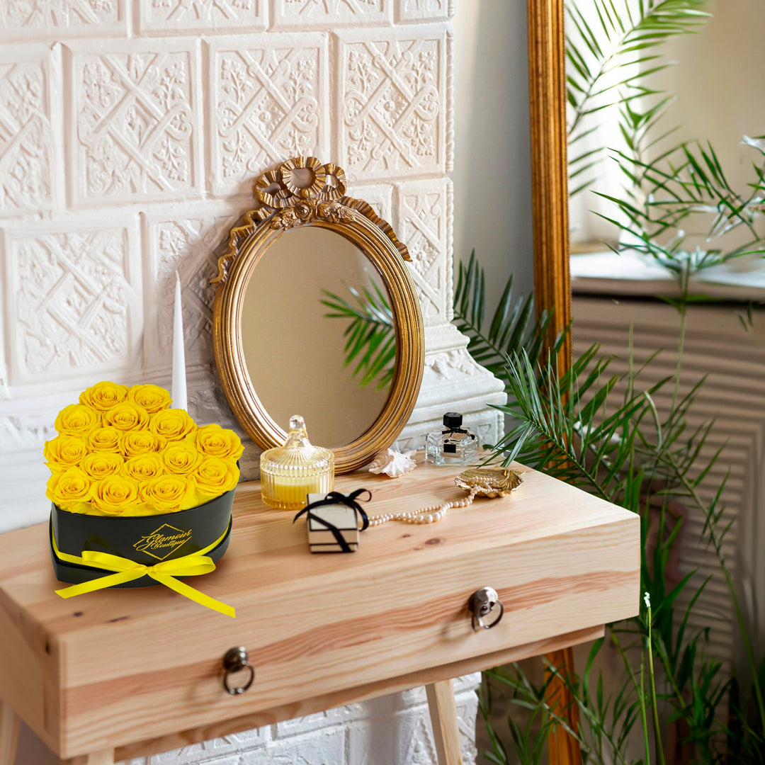 Preserved rose heart box arrangement in yellow — creative home decor ideas by Glamour Boutique