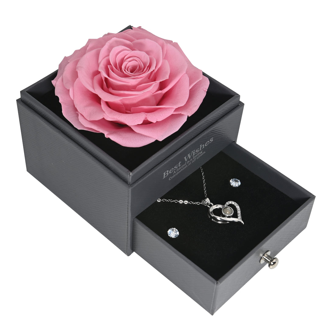 Everlasting Grace forever pink preserved rose with necklace gift set by Glamour Boutique