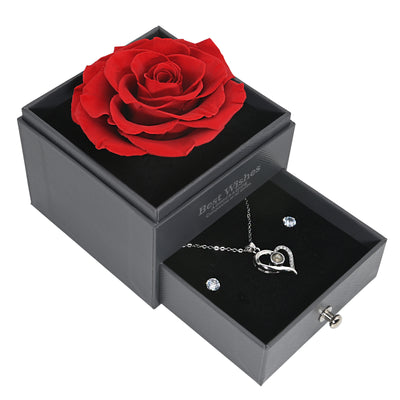Glamour Boutique Preserved Rose in a Box with I Love You Necklace in 100 Languages - Enchanted Flower Jewelry Set with Silver Stud Earrings - Red