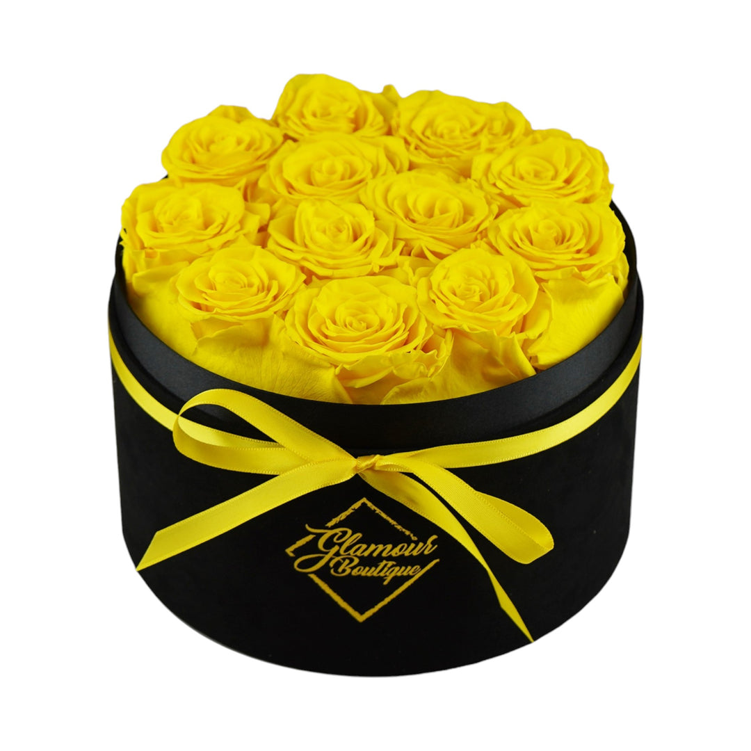 Eternal Prestige velvet black box with 12 yellow preserved roses - luxury gift by Glamour Boutique