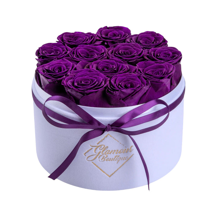 Eternal Prestige velvet white box with 12 purple preserved roses - luxury gift by Glamour Boutique