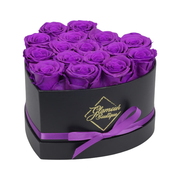 Immortal Love Black Heart Box with 16 purple preserved roses - luxury gift by Glamour Boutique