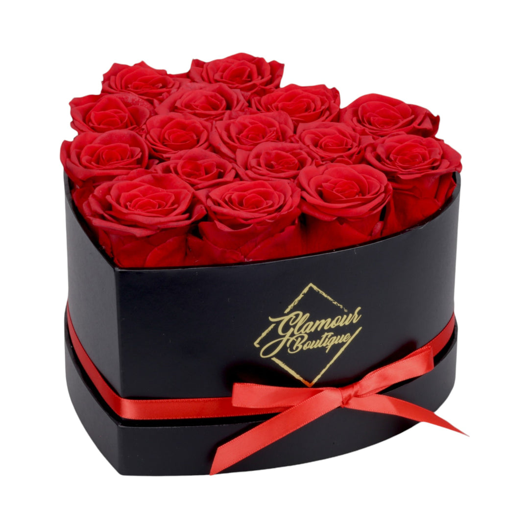 Immortal Love Black Heart Box with 16 red preserved roses - luxury gift by Glamour Boutique