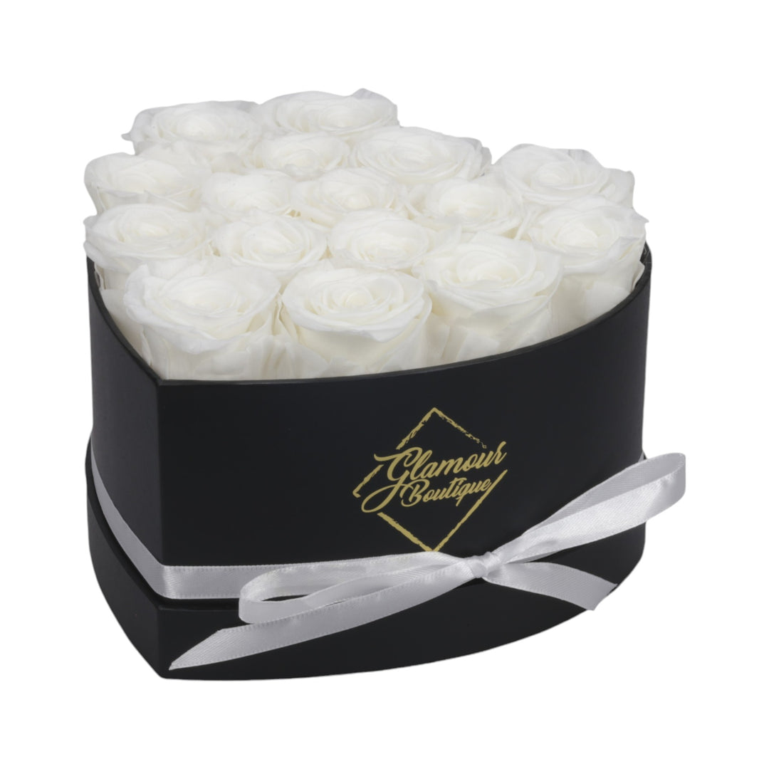 Immortal Love Black Heart Box with 16 white preserved roses - luxury gift by Glamour Boutique