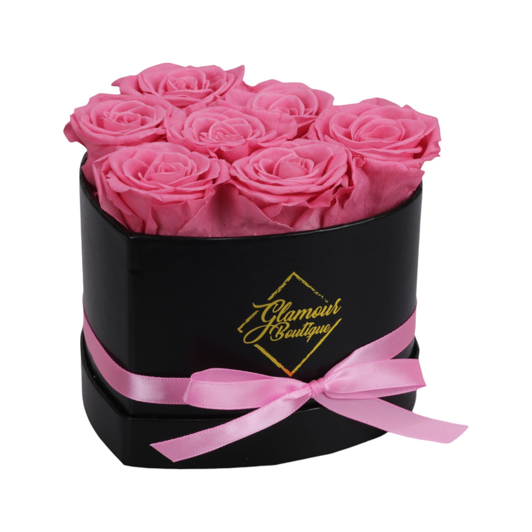 Immortal Love Black Heart Box with 7 pink preserved roses - luxury gift by Glamour Boutique