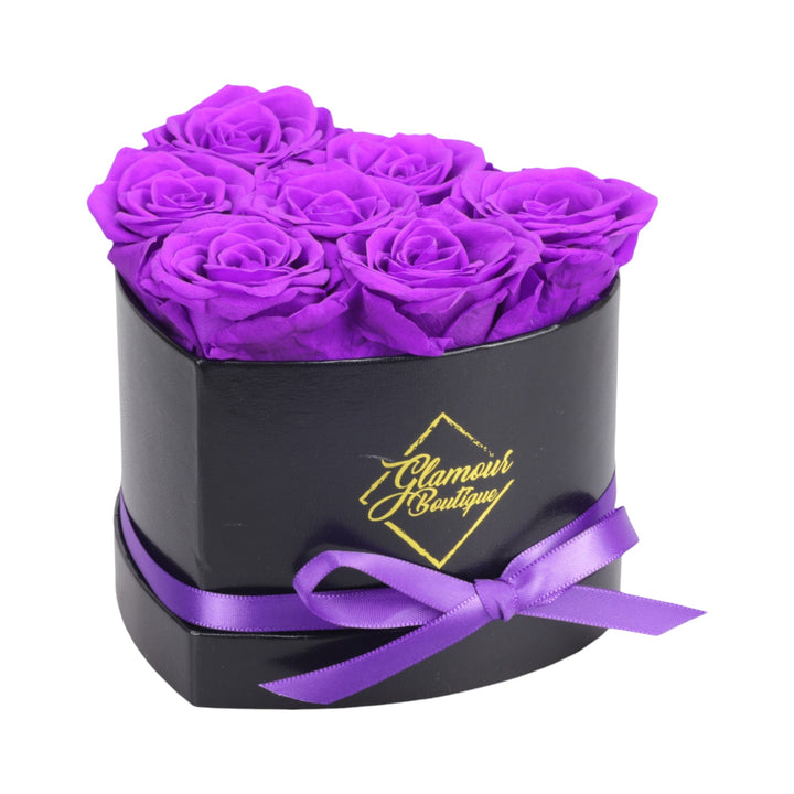 Immortal Love Black Heart Box with 7 purple preserved roses - luxury gift by Glamour Boutique