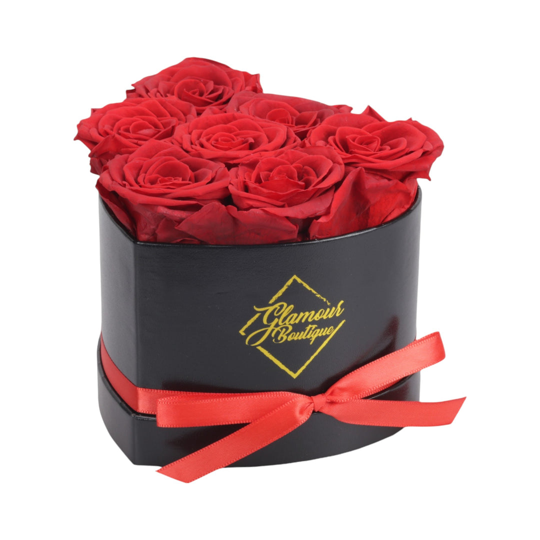 Immortal Love Black Heart Box with 7 red preserved roses - luxury gift by Glamour Boutique