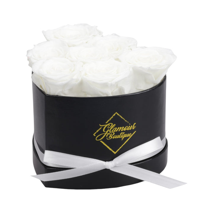 Immortal Love Black Heart Box with 7 white preserved roses - luxury gift by Glamour Boutique