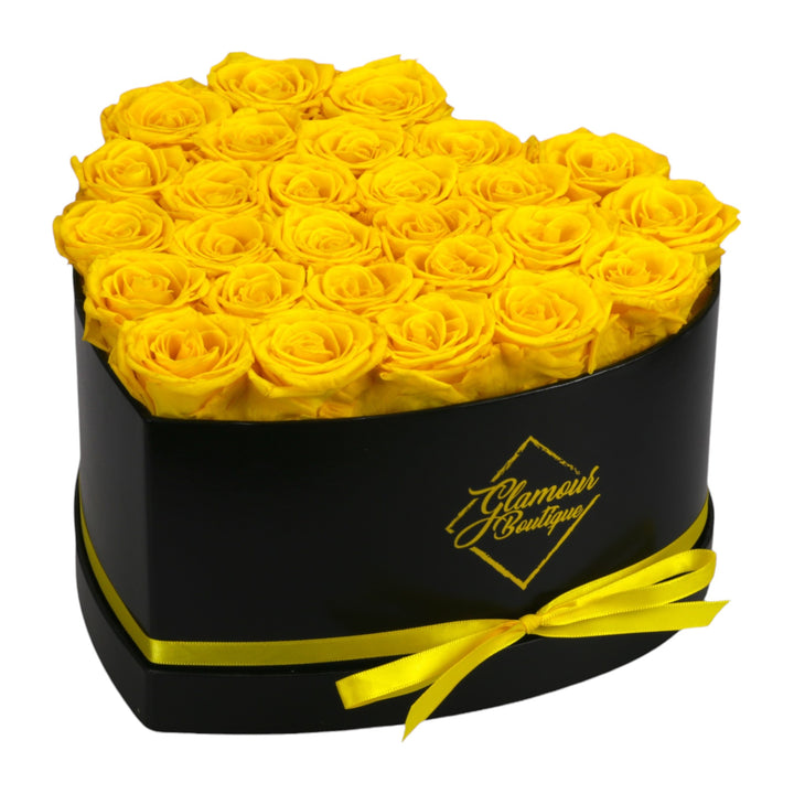 Immortal Love Black Heart Box with 27 yellow preserved roses - luxury gift by Glamour Boutique