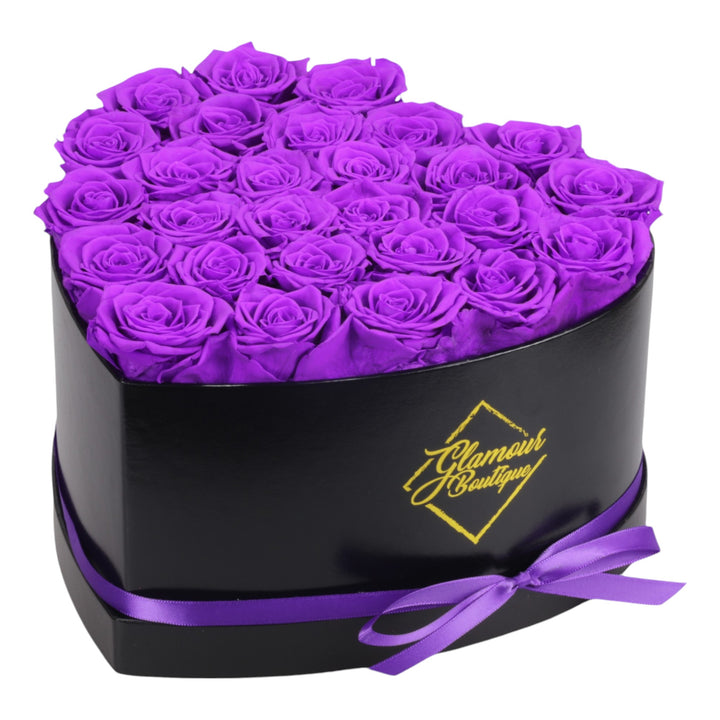 Immortal Love Black Heart Box with 27 purple preserved roses - luxury gift by Glamour Boutique