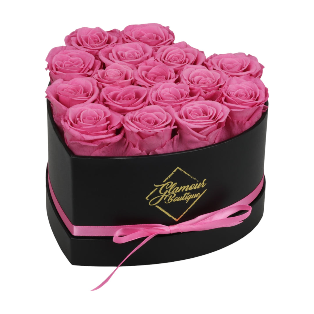Immortal Love Black Heart Box with 16 pink preserved roses - luxury gift by Glamour Boutique
