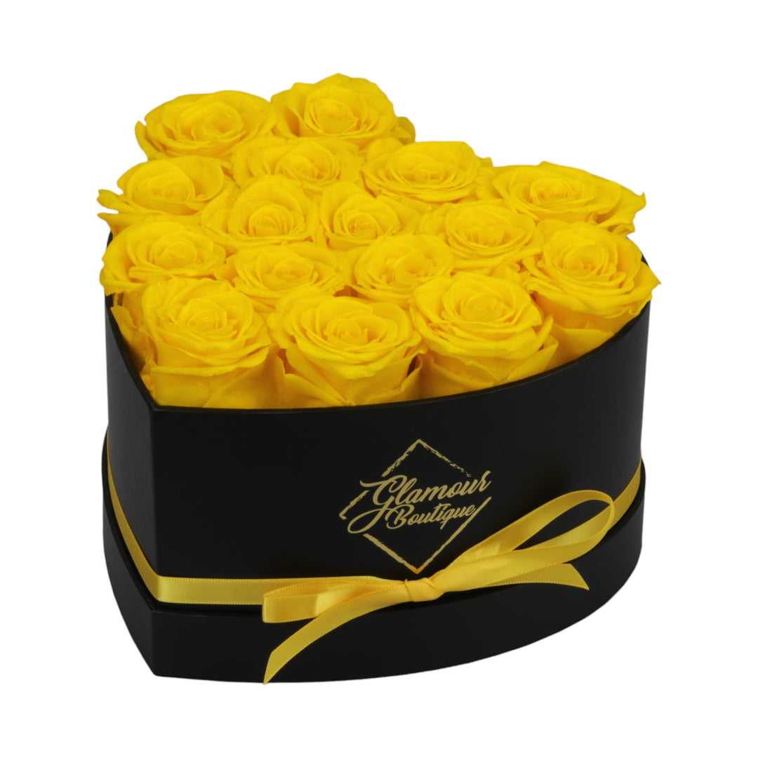 Immortal Love Black Heart Box with 16 yellow preserved roses - luxury gift by Glamour Boutique