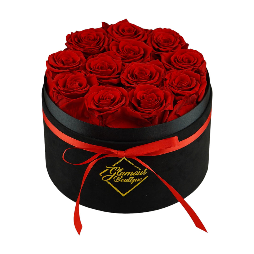 Eternal Prestige velvet black box with 12 red preserved roses - luxury gift by Glamour Boutique
