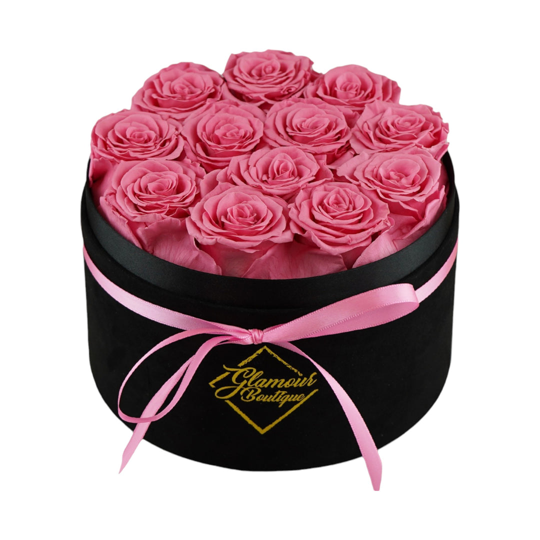 Eternal Prestige velvet black box with 12 pink preserved roses - luxury gift by Glamour Boutique