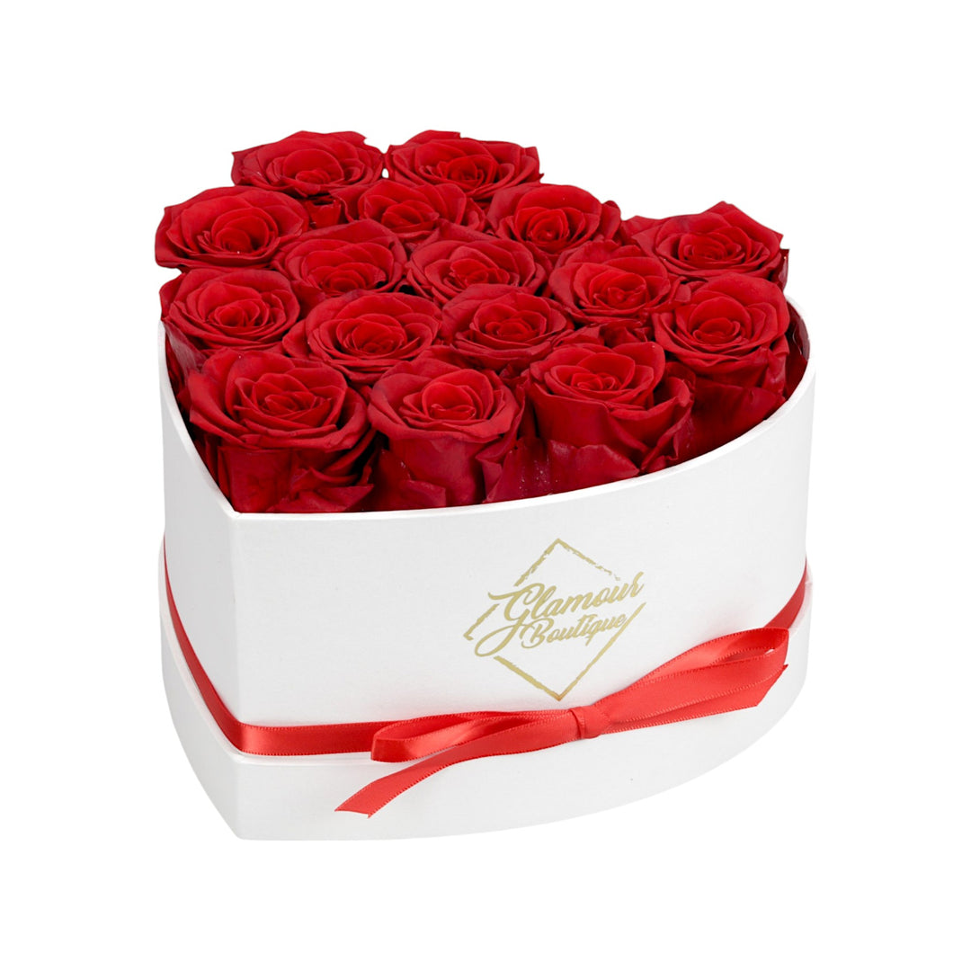 Immortal Love White Heart Box with 16 red preserved roses - luxury gift by Glamour Boutique