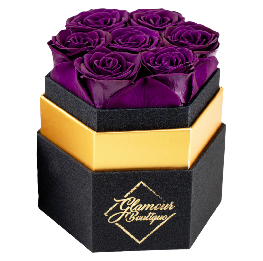 Timeless Charm hexagon black box with 7 purple preserved roses - Glamour Boutique