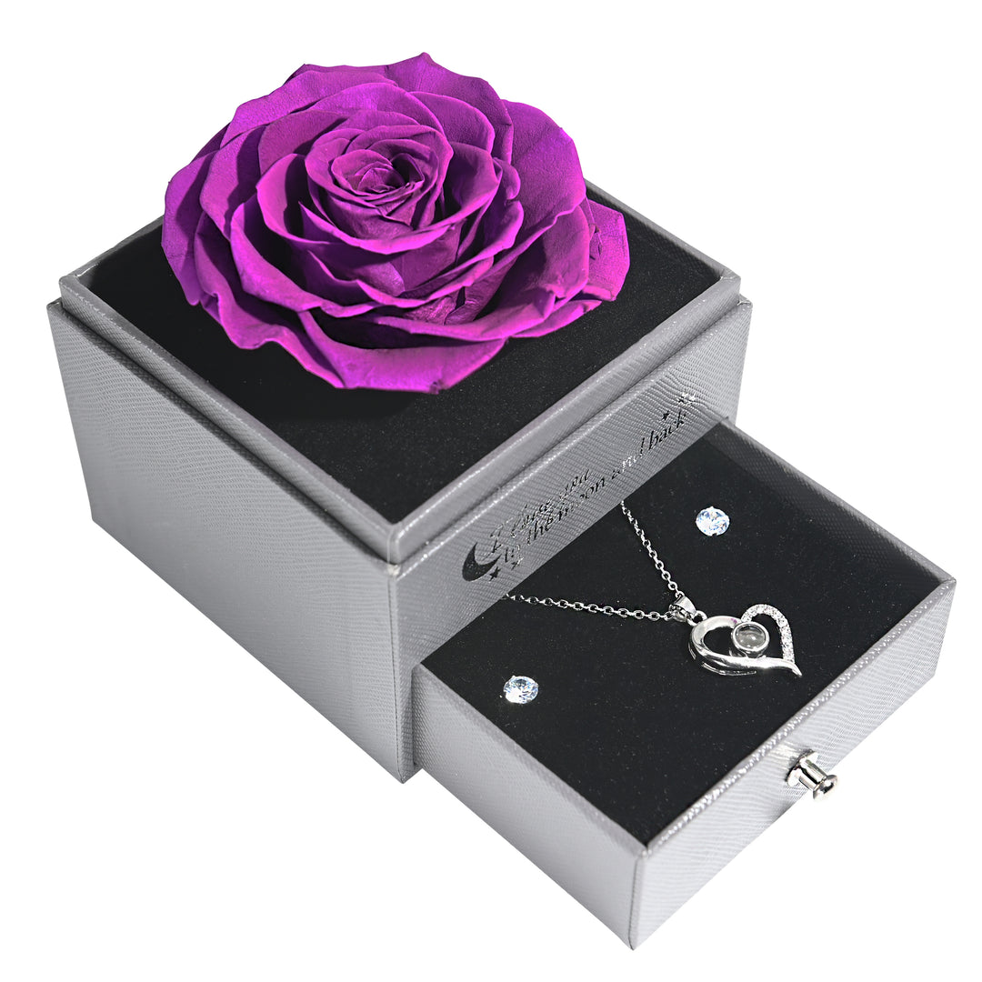 Everlasting Grace forever purple preserved rose with necklace gift set by Glamour Boutique