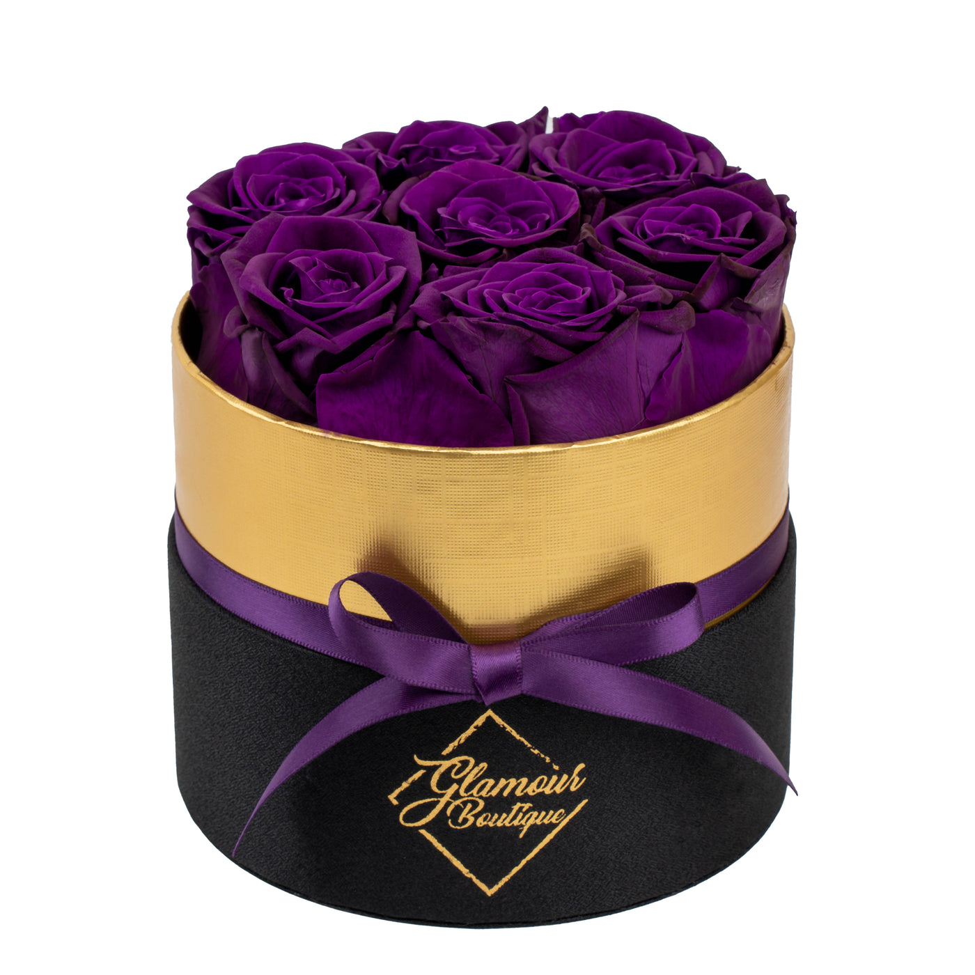 Lasting Beauty Round Black Gold Box |7 Purple Roses