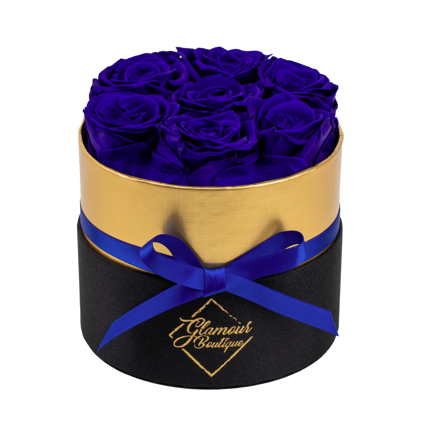 Lasting Beauty Round Black Gold Box |7 Purple Roses
