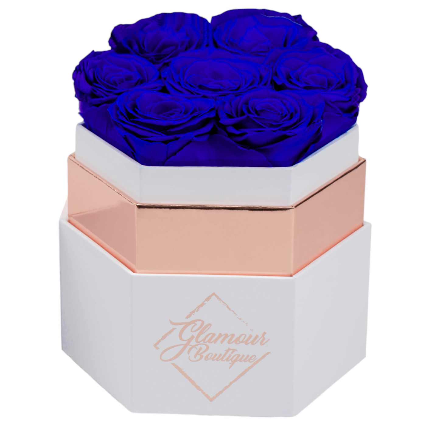 Timeless Charm  Hexagon White Box | 7 Blue Roses