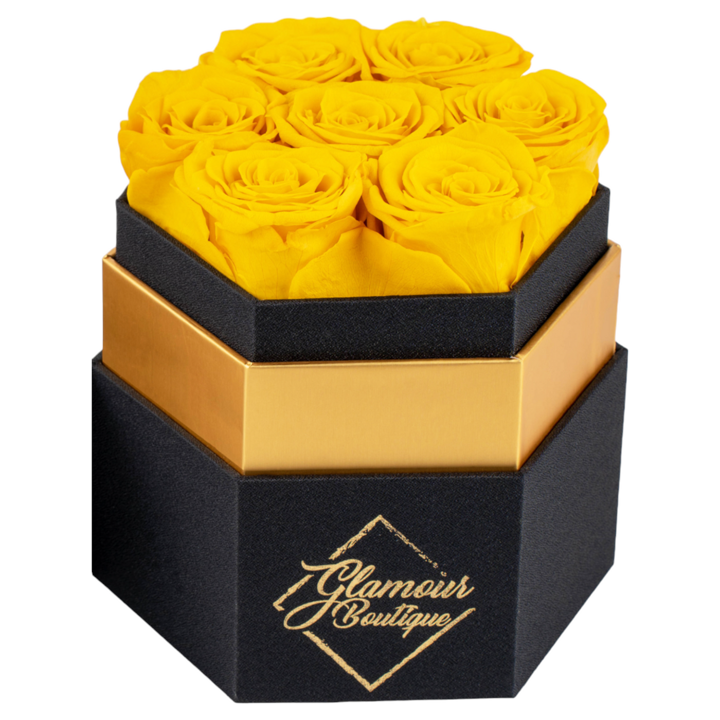 Timeless Charm  Hexagon Black Box | 7 Yellow Roses