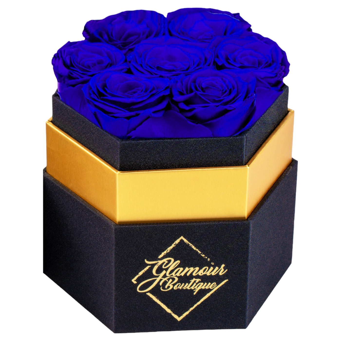 Timeless Charm  Hexagon Black Box | 7 Blue Roses
