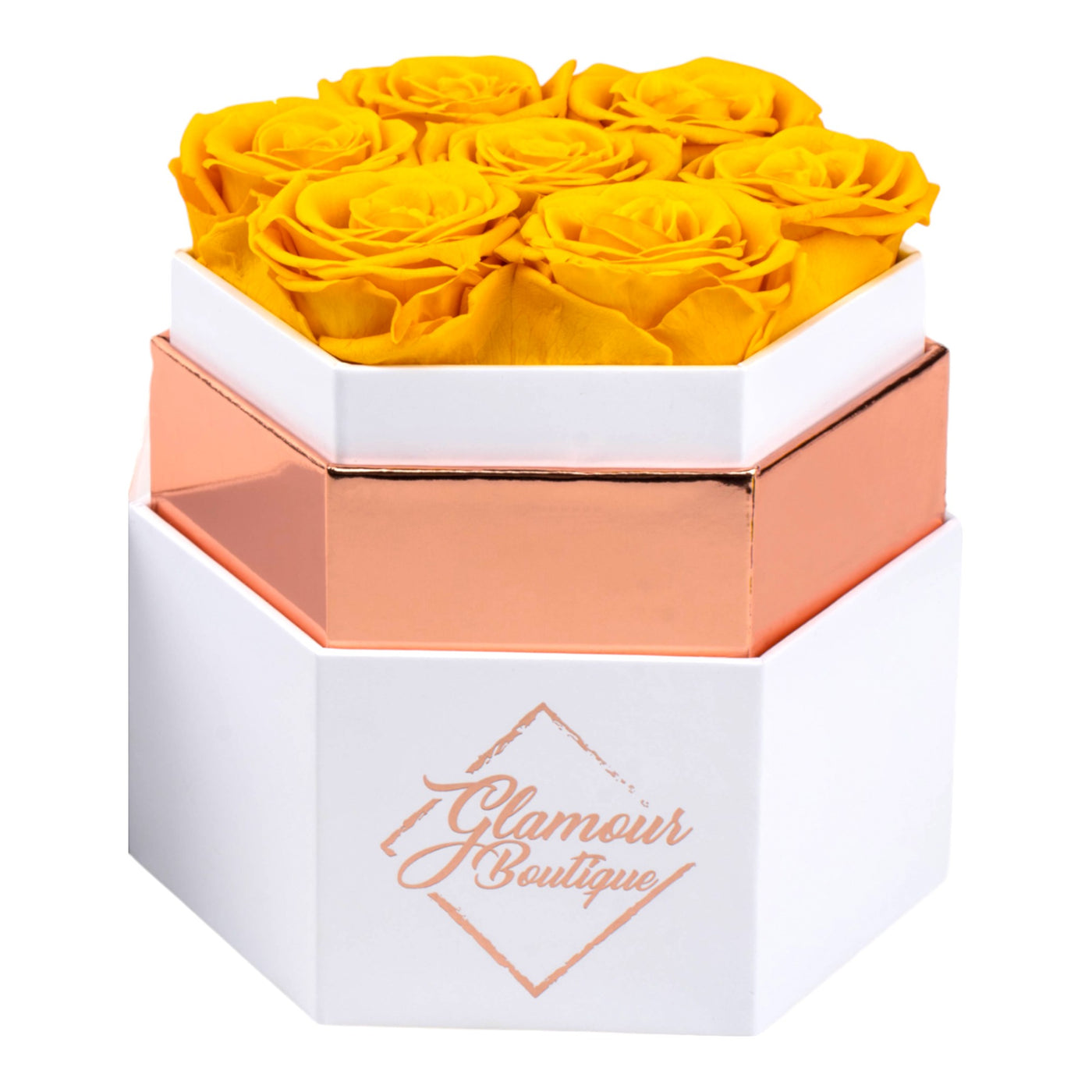 Timeless Charm  Hexagon White Box | 7 Yellow Roses