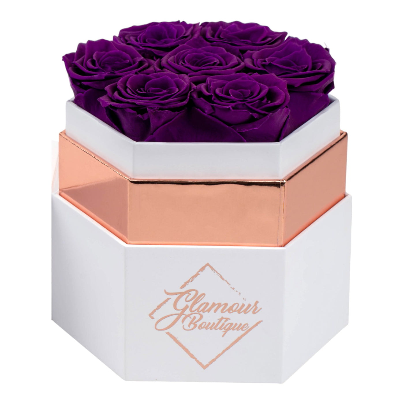 Timeless Charm  Hexagon White Box | 7 Purple Roses