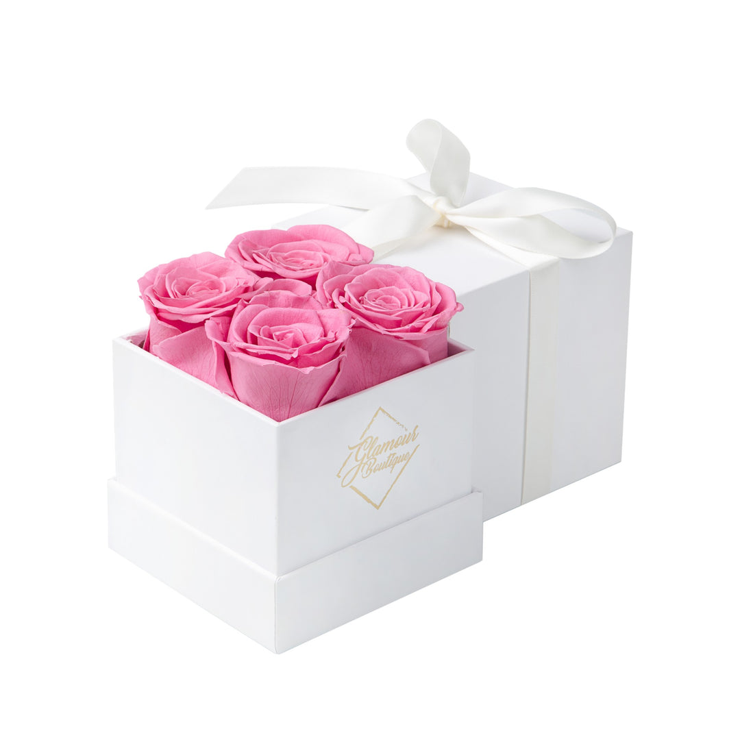Eternal Prestige white box with 4 pink preserved roses - luxury gift by Glamour Boutique