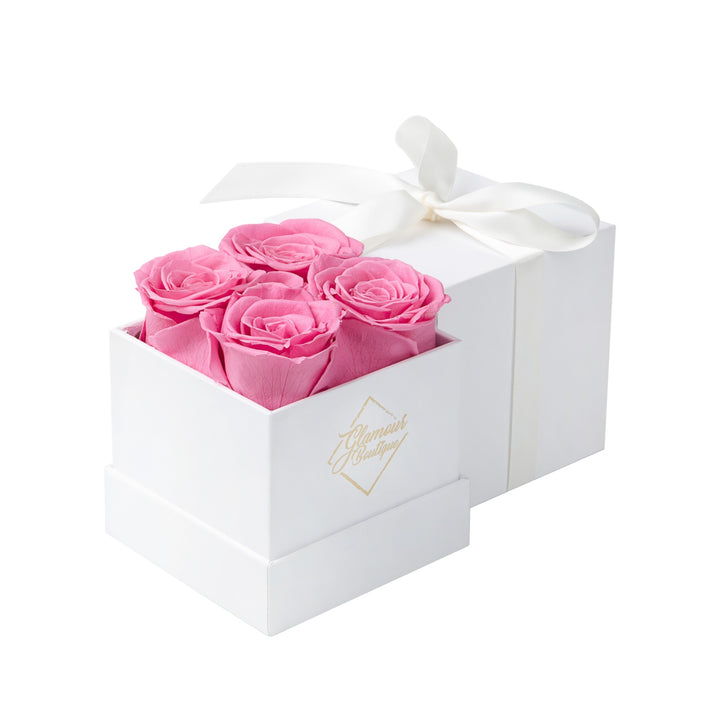 Eternal Prestige white box with 4 pink preserved roses - luxury gift by Glamour Boutique