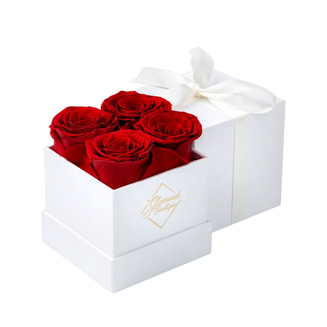 Eternal Prestige white box with 4 red preserved roses - luxury gift by Glamour Boutique