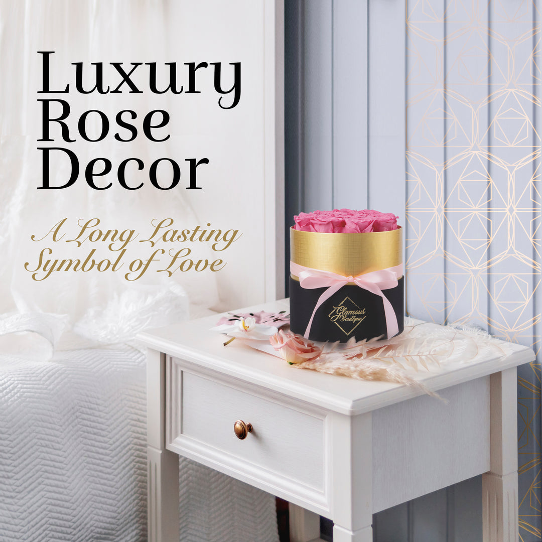 Lasting Beauty Round Black Gold Box | 12 Pink Roses