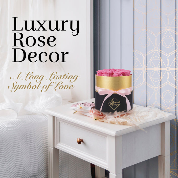 Lasting Beauty Round Black Gold Box | 12 Pink Roses