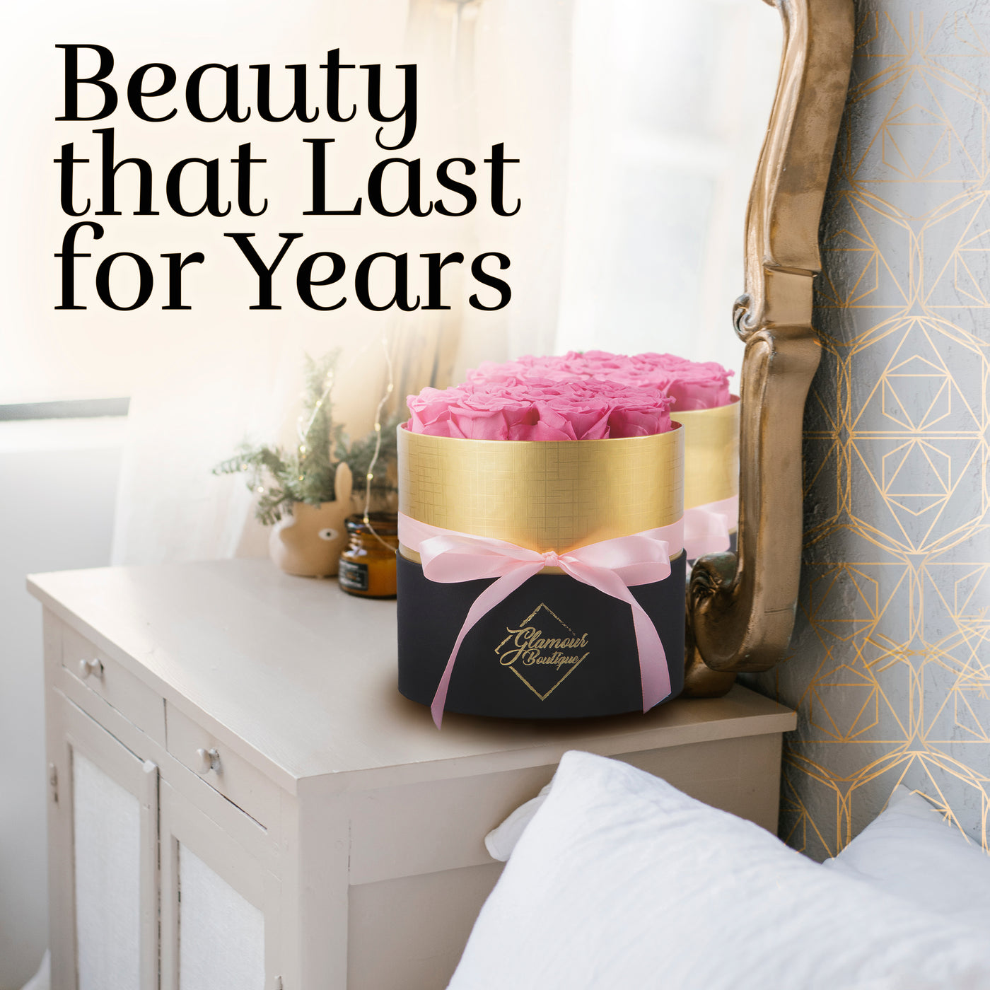 Lasting Beauty Round Black GoldBox | 12 Pink Roses
