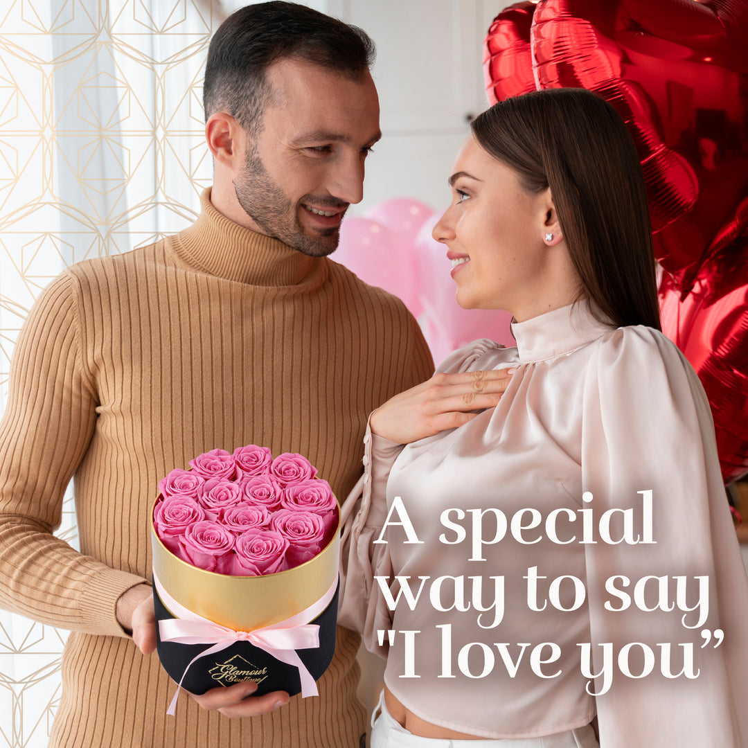 Lasting Beauty Round Black Gold Box | 12 Pink Roses