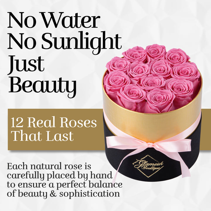 Lasting Beauty Round Black Gold Box | 12 Pink Roses