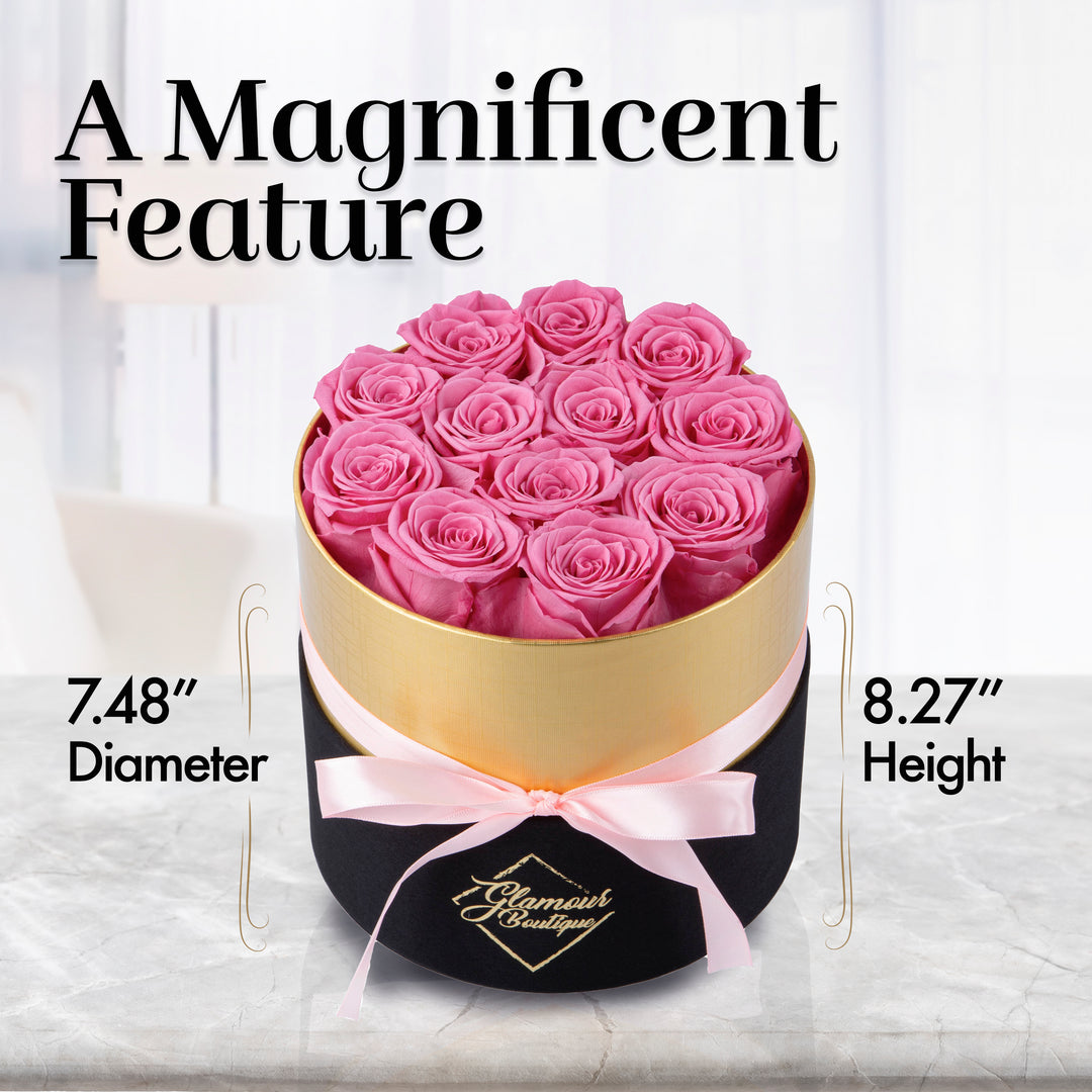 Lasting Beauty Round Black Gold Box | 12 Pink Roses