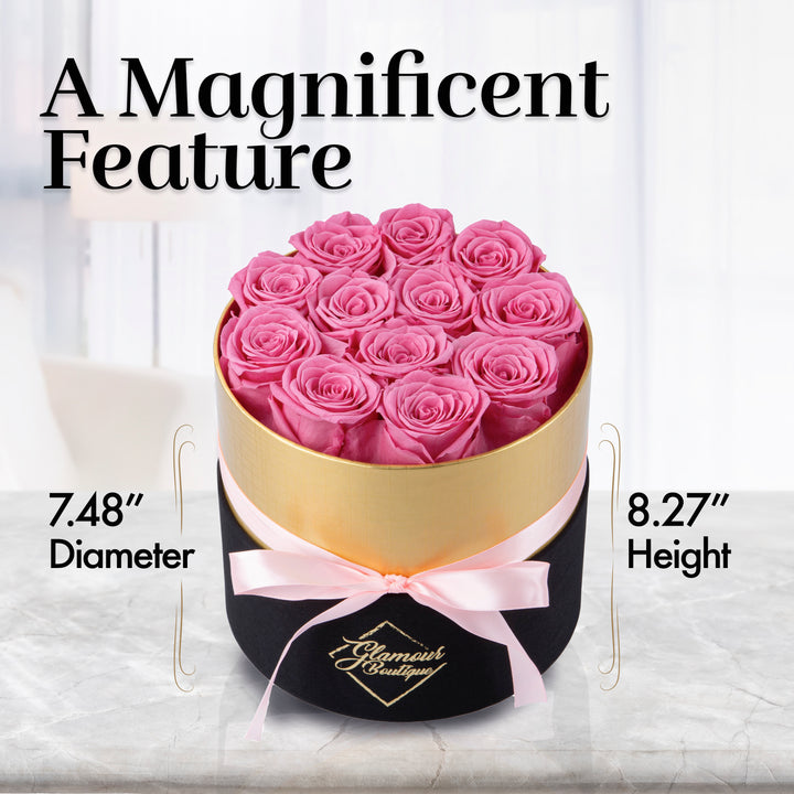 Lasting Beauty Round Black Gold Box | 12 Pink Roses