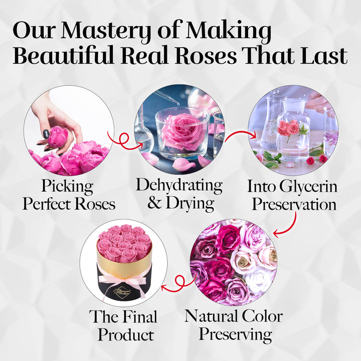 Lasting Beauty Round Black Gold Box | 12 Pink Roses