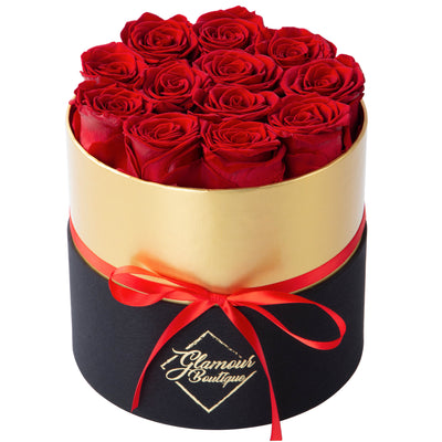 Lasting Beauty Round Black Gold Box |12 Red Roses