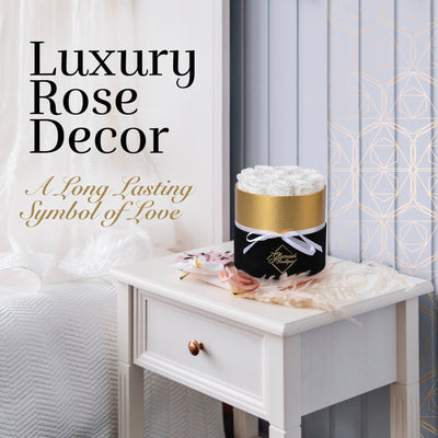 Lasting Beauty Round Black Gold Box | 12 White Roses