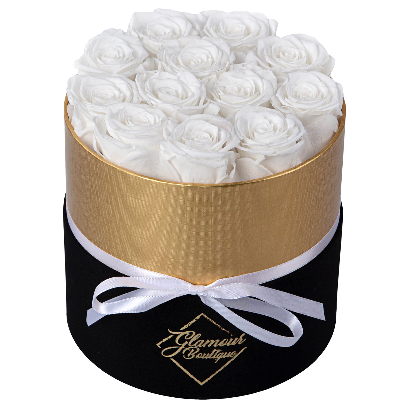 12 Preserved Real Roses in Round Black & Gold Box - White