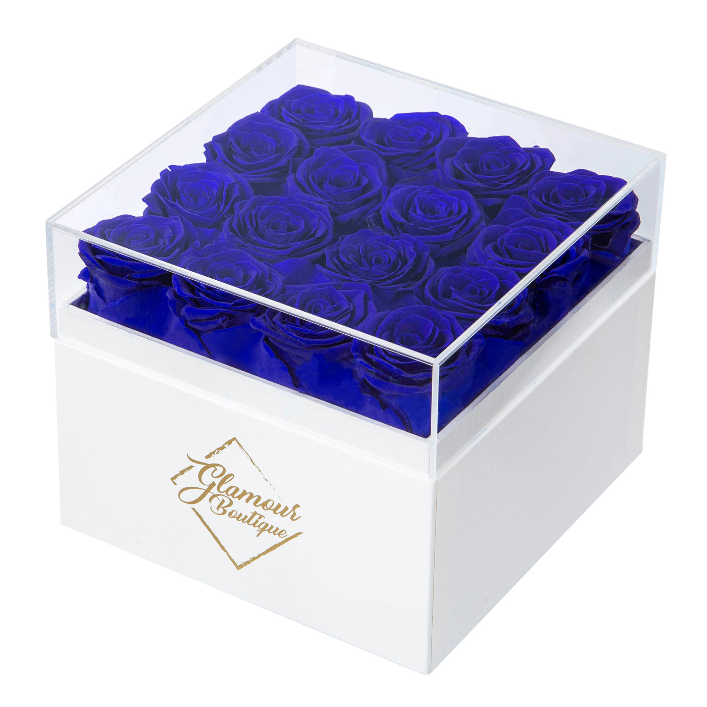 16 Preserved Roses Cased in White Box with Acrylic Cover - Sapphire
