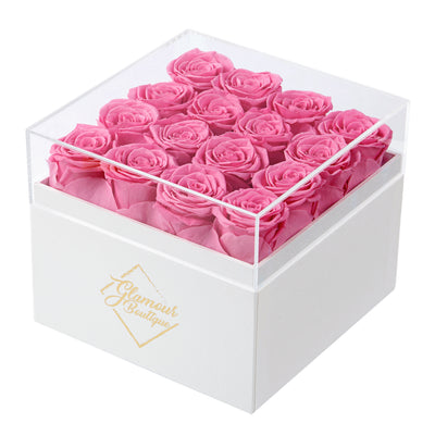 16 Preserved Roses Cased in White Box with Acrylic Cover - Pink