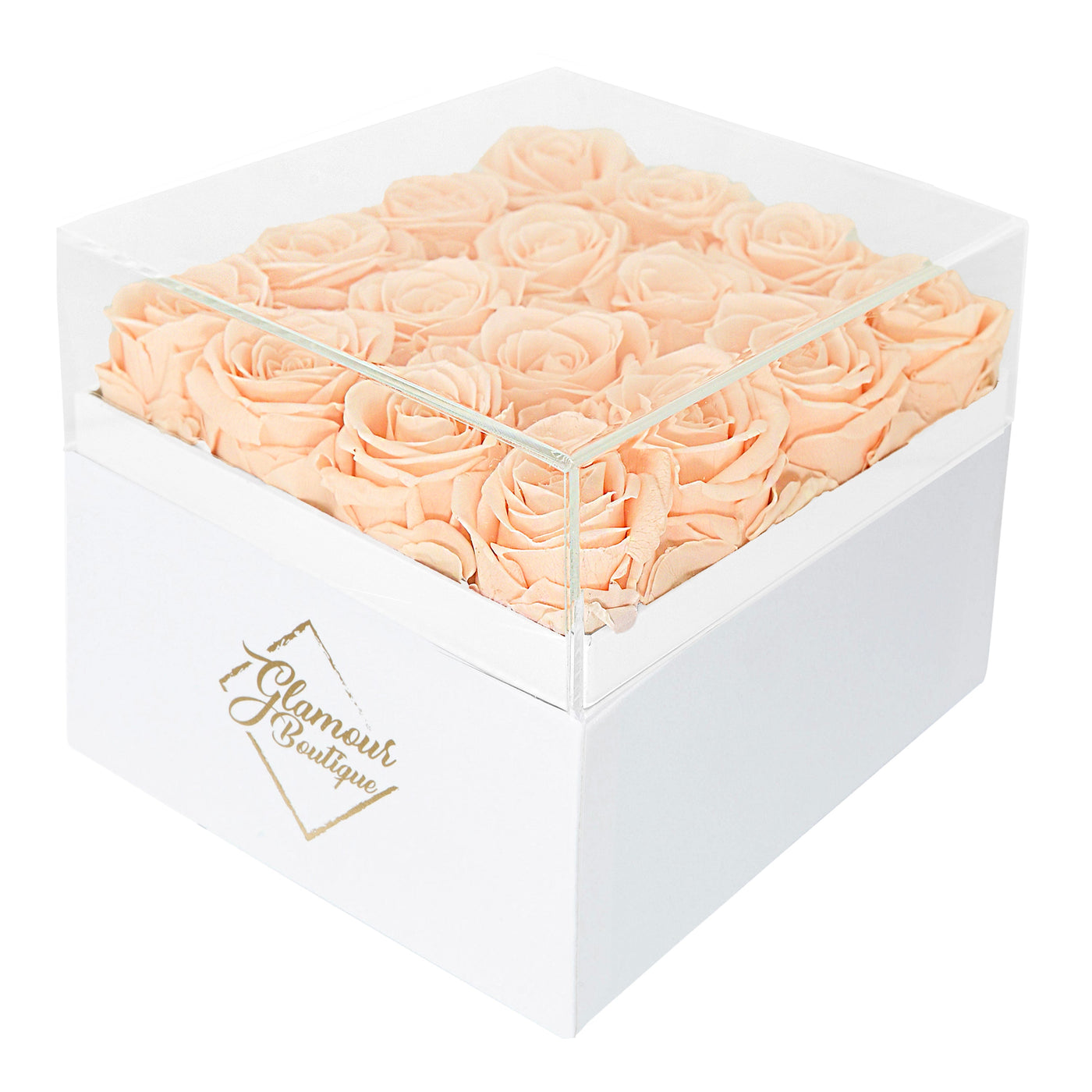 16 Preserved Roses Cased in White Box with Acrylic Cover - Pink