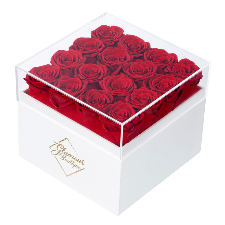 Eternal Elegance square white box with 16 red preserved roses - luxury gift by Glamour Boutique