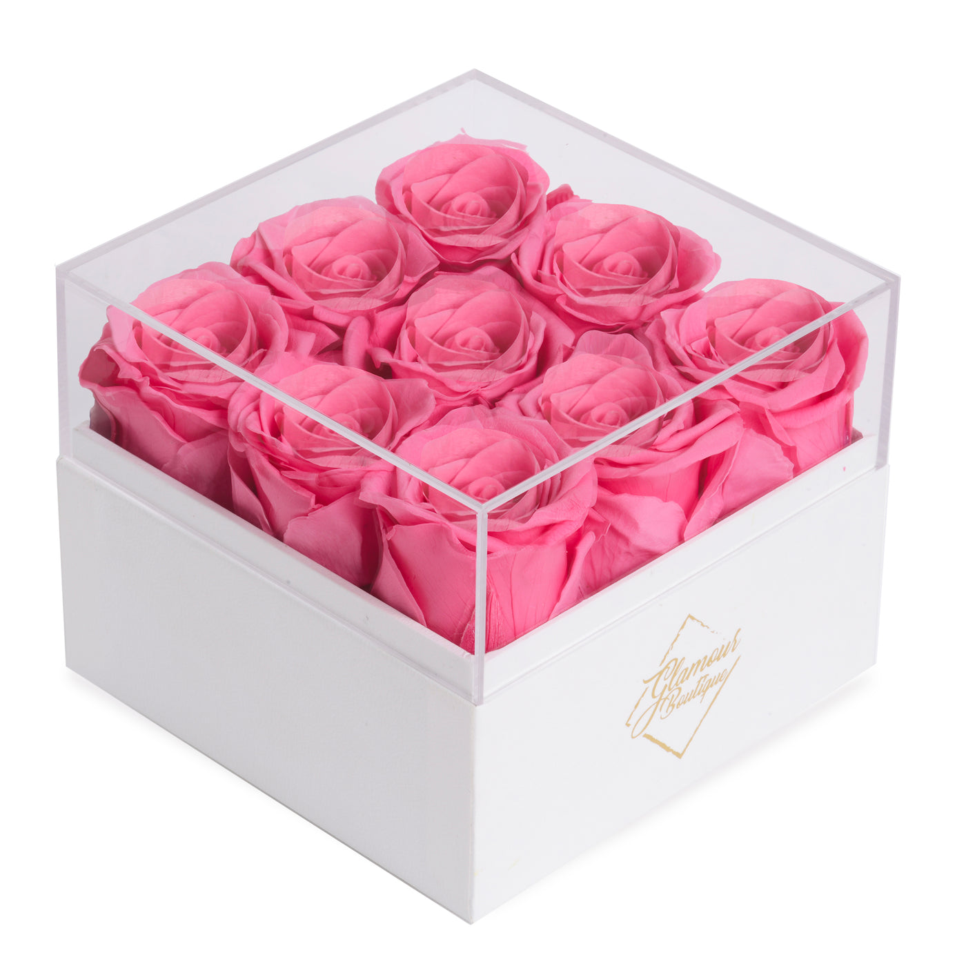 9 Preserved Roses Cased in White Box with Acrylic Cover - Pink