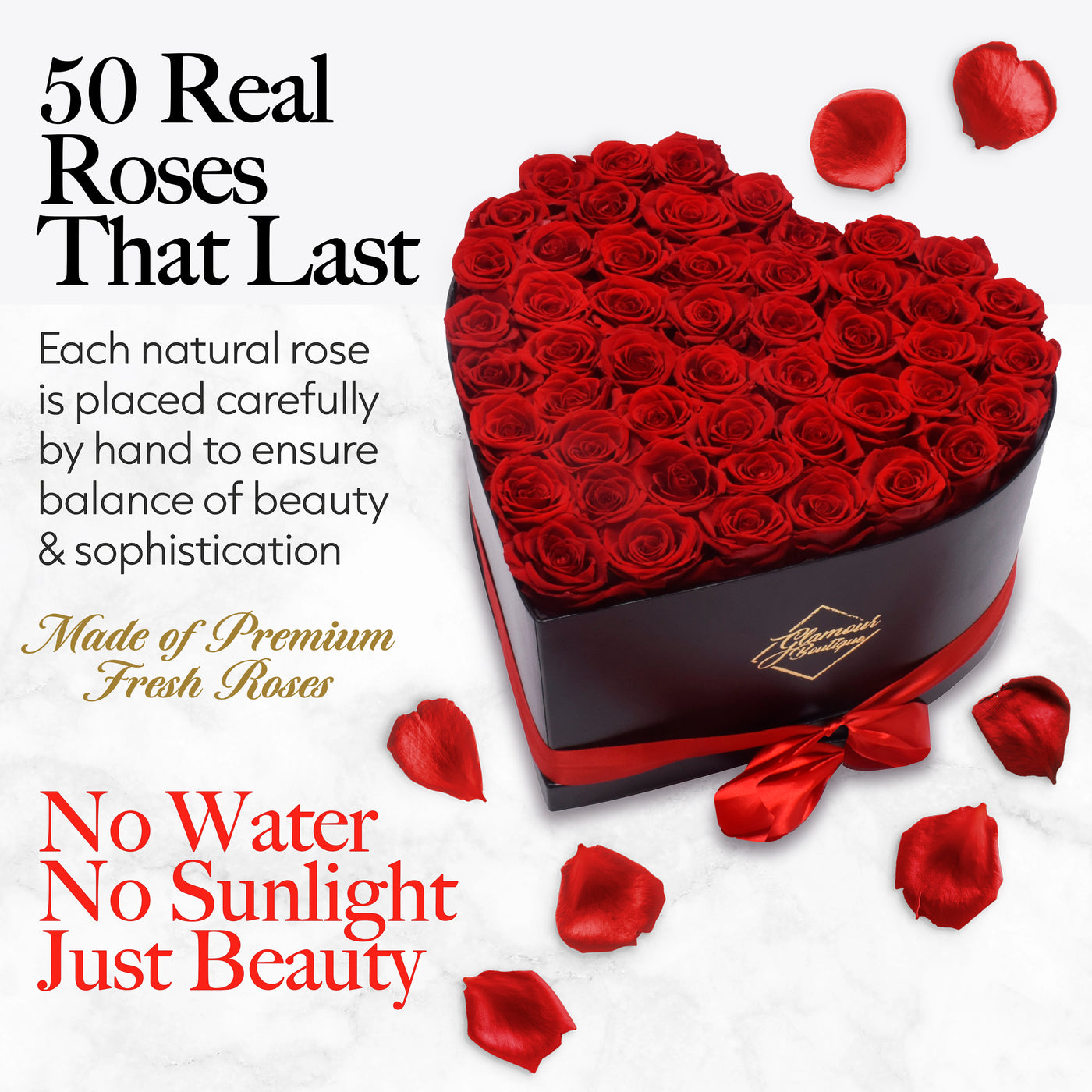 Immortal Love Heart Box | 50 Red  Roses