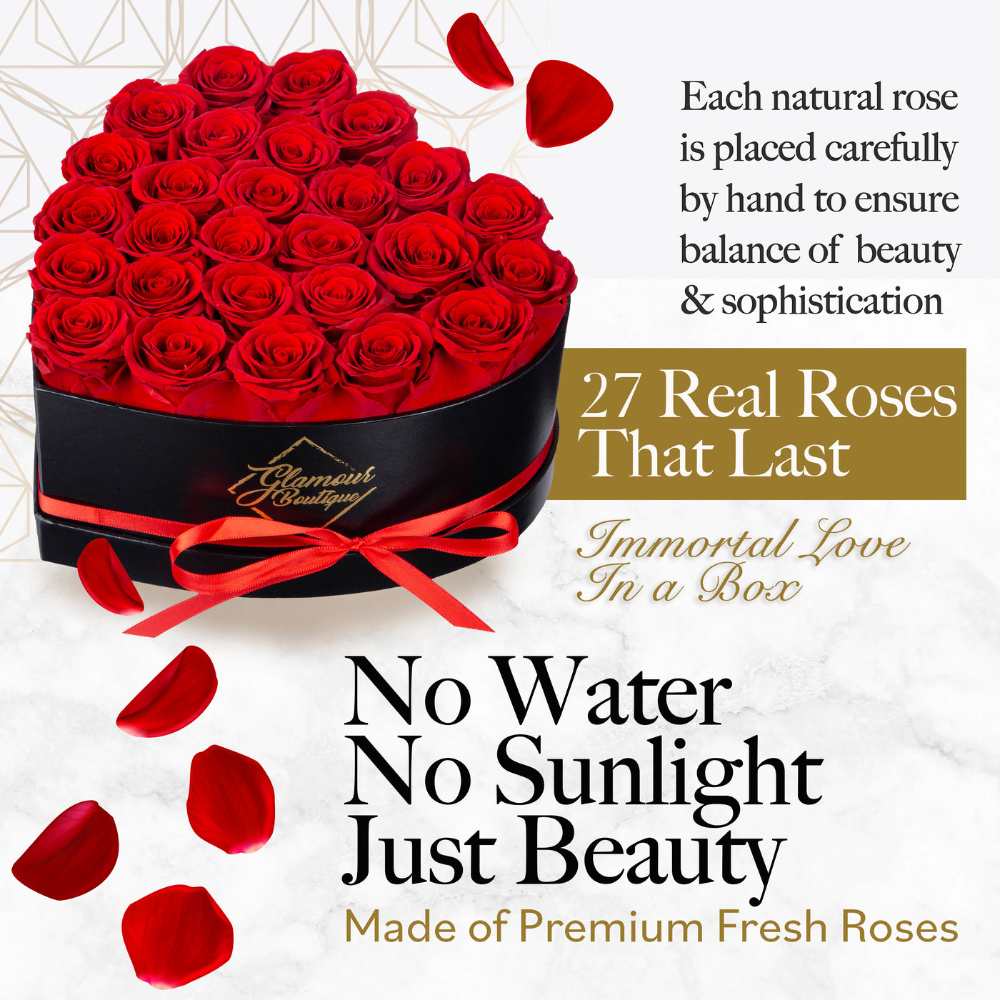 27-Piece Forever Flowers Heart Shape Box - Handmade Real Preserved Roses - Red