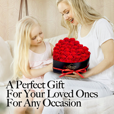 27-Piece Forever Flowers Heart Shape Box - Handmade Real Preserved Roses - Red